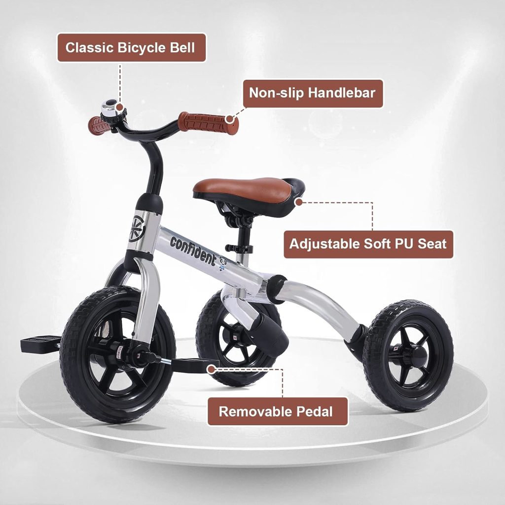 3 in 1 Toddler Tricycles for 2-4 Years Old Boys and Girls with Detachable Pedal and Bell, Foldable Baby Balance Bike Riding Toys for 24 Month Up, Infant First Birthday New Year Gift (Glitter Grey)