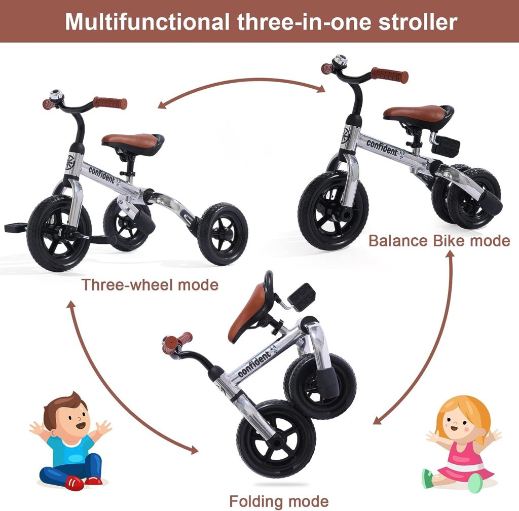 3 in 1 Toddler Tricycles for 2-4 Years Old Boys and Girls with Detachable Pedal and Bell, Foldable Baby Balance Bike Riding Toys for 24 Month Up, Infant First Birthday New Year Gift (Glitter Grey)