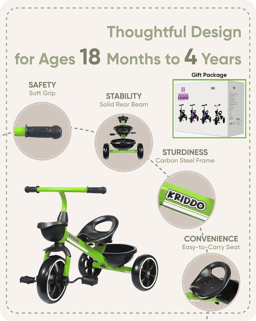 KRIDDO Kids Tricycles Age 24 Month to 4 Years, Toddler Kids Trike for 2.5 to 5 Year Old, Gift Toddler Tricycles for 2-4 Year Olds, Trikes for Toddlers, Green