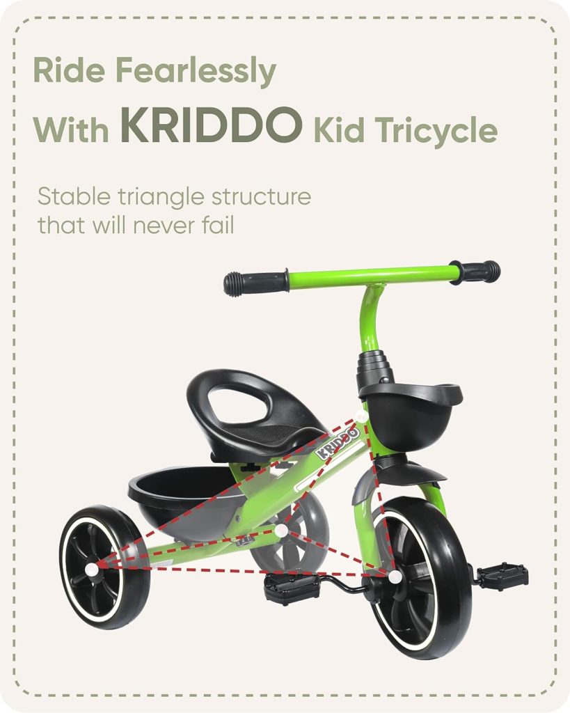 KRIDDO Kids Tricycles Age 24 Month to 4 Years, Toddler Kids Trike for 2.5 to 5 Year Old, Gift Toddler Tricycles for 2-4 Year Olds, Trikes for Toddlers, Green